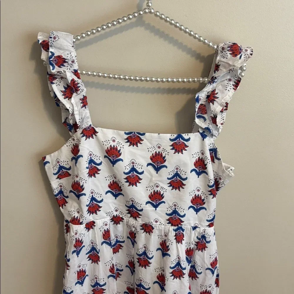 J Crew Factory Square Neck Midi Dress 10 White Red Blue Floral Print Ruffle